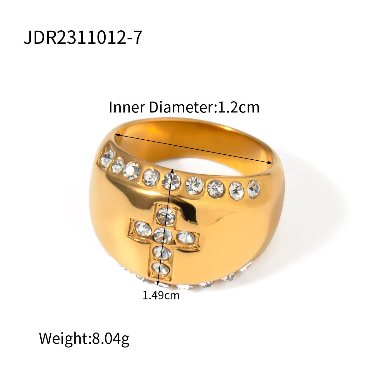 5pcs 18K Gold Stainless Steel Diamond Set Cross Ring No. 7 All-Match Stainless Steel Ring