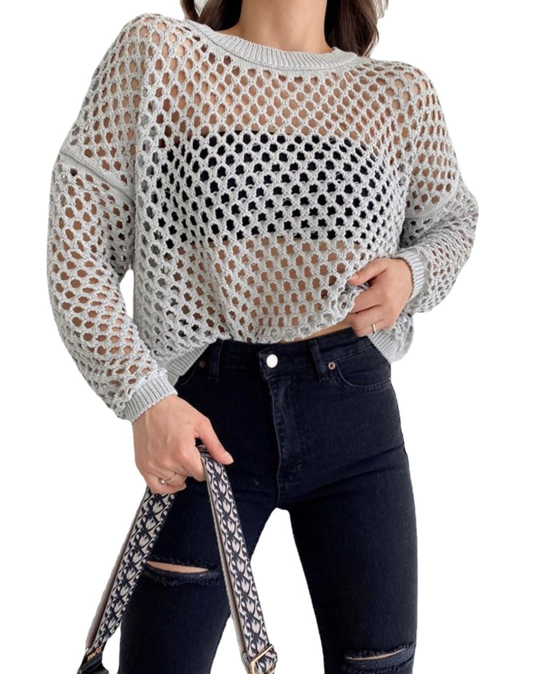 New Spring And Summer New Sweater Flared Sleeve Loose Round Neck Hollowed Out Sweater Woman