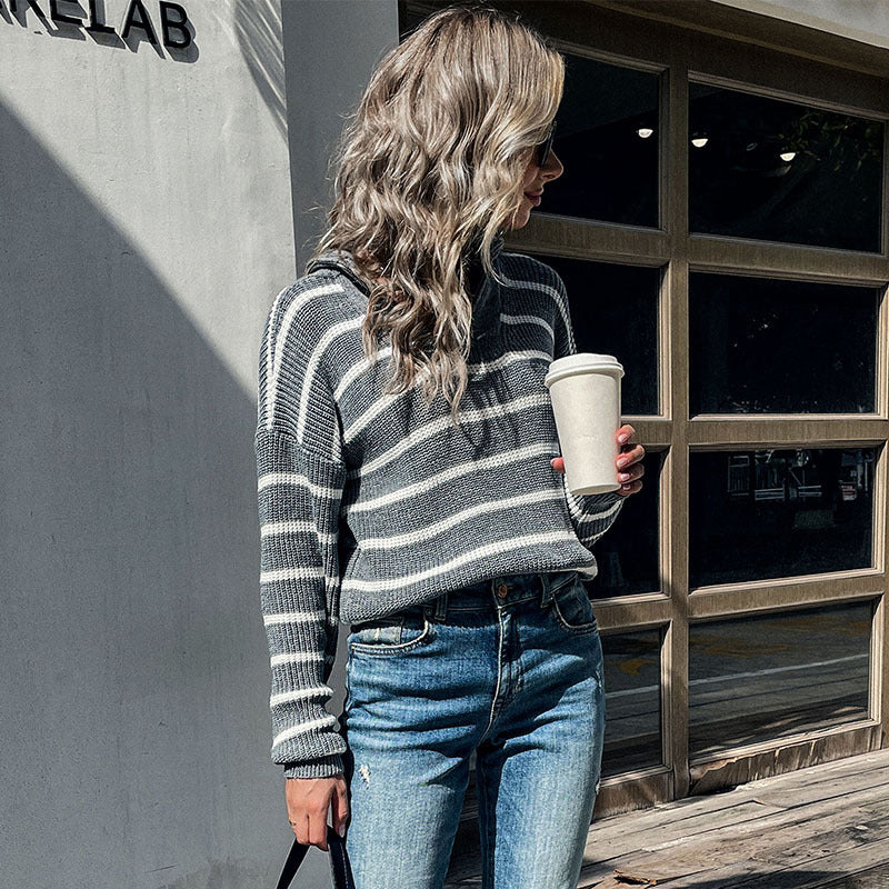 Autumn New Leisure Fashion Women's Long-Sleeve Lapel Striped Sweater
