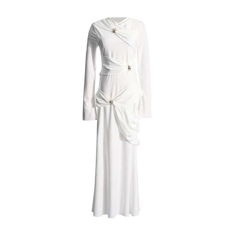 Temperament Socialite Style Spring New Fashion Crease Design Crease Collar Pullover Long Dress
