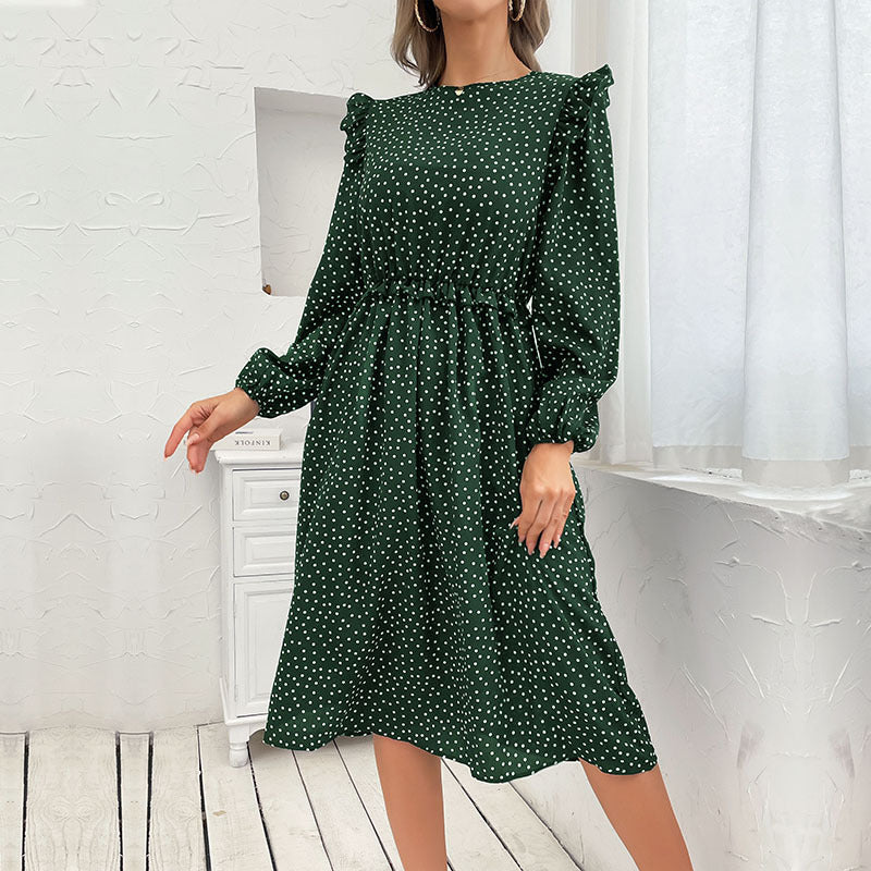 New Fashion Women's Flanged Polka Dot Long-Sleeved Dress Autumn And Winter