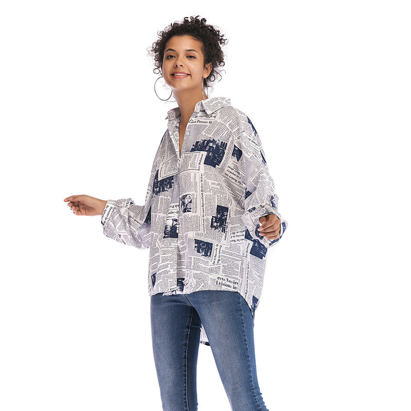Hot Long-Sleeved Newspaper Letter Printed Shirt Women's Design Sense Niche Women's Wear