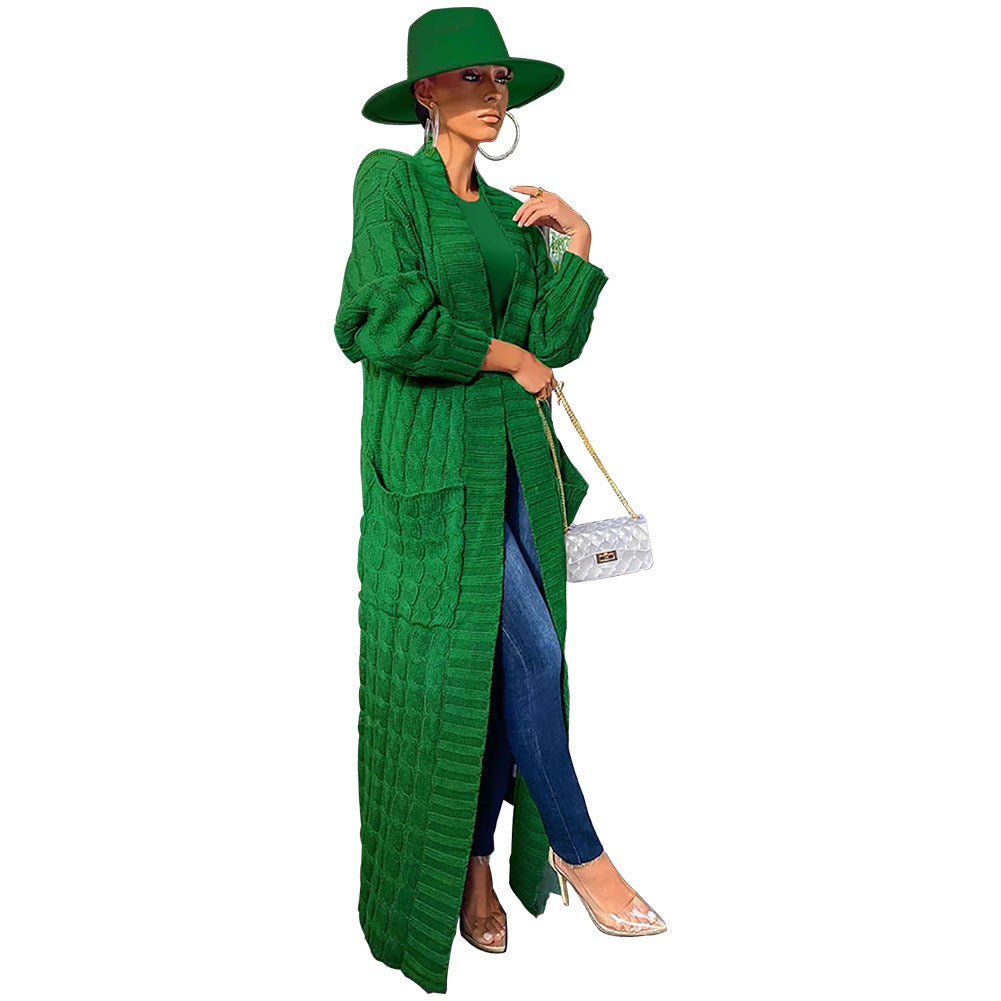 Women's Autumn And Winter New Loose Knit Cardigan Lazy Pocket Long Twist Sweater Coat