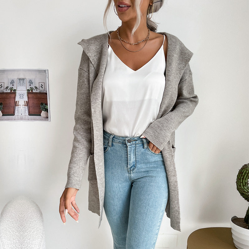 Autumn and Winter Women's Hooded Knitted Sweater Cardigan Coat
