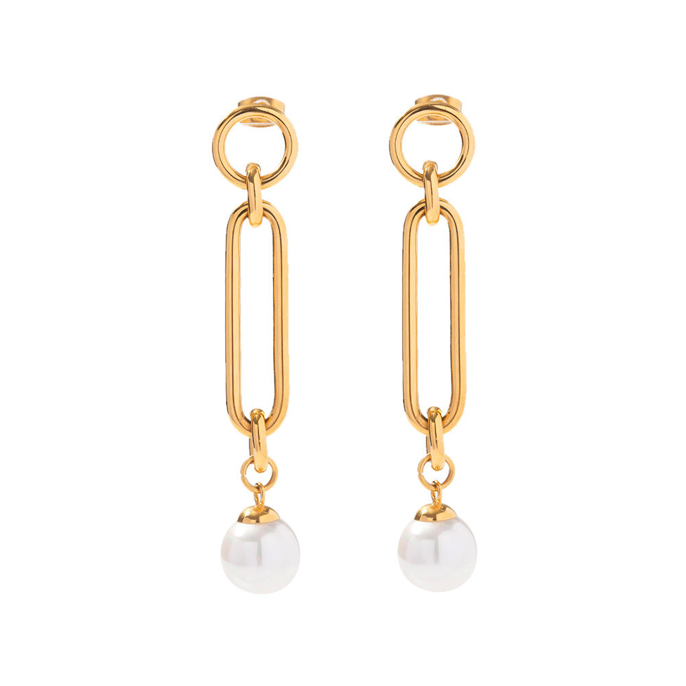 5pcs Titanium Steel Earrings Women's Fashion All-Match 18K Gold Plated Stainless Steel Exquisite Chain Pearl Pendant Earrings