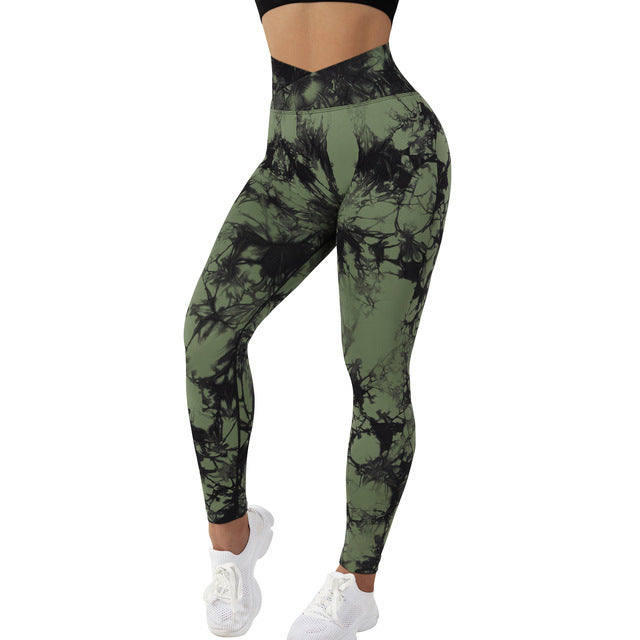 Cross Waist Tie-Dye Seamless Knit Tight Hip Lift Yoga Pants Women's Peach Hip Fitness