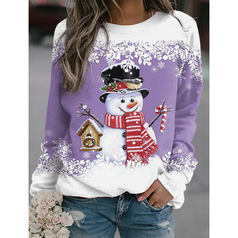 Christmas Round Neck Women's Hot Snowman Print Women's T-Shirt Autumn And Winter Loose Hoodie