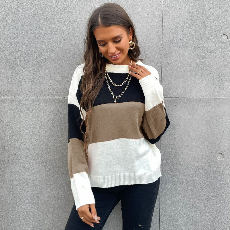 Striped Color Patchwork All-Match Knitwear Pullover Sweater for Women