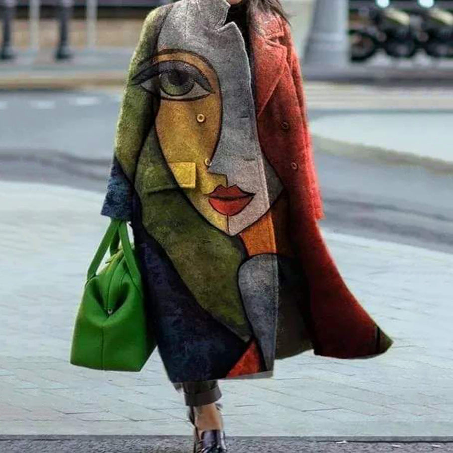 New Autumn Women's Long Sleeve Lapel Coat Printed Wool Long Coat