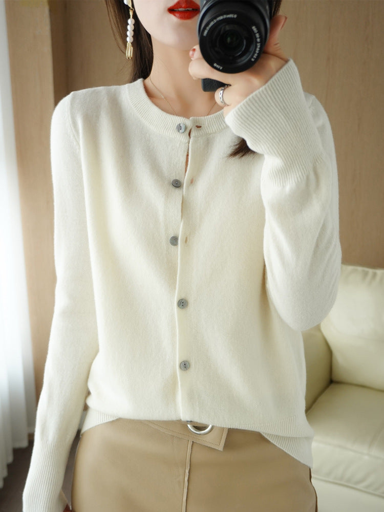 100 All-Wool Sweater Women's Knitted Crewneck Cardigan Casual Everyday Slimming Spring Cashmere