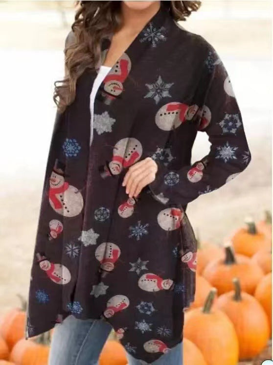 Women's Christmas Printed Long-Sleeved Sweater Cardigan Top Coat