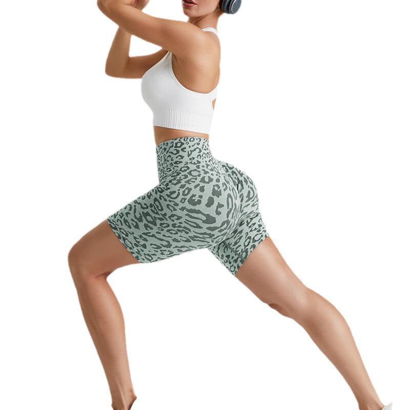 High-Waisted Leopard Print Yoga Five-Quarter Pants With Hip Lift Over Running Half-Pants Peach Butt Fitness Shorts