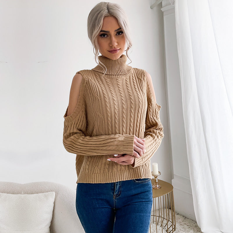 Fashion Women's Bottom Turtleneck Solid Color Long Sleeve Twist Off-The-Shoulder Sweater