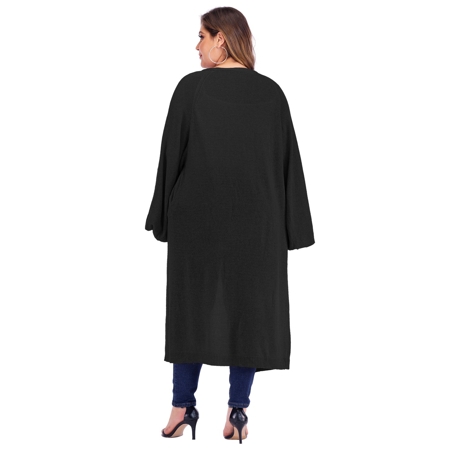 Large Size Women's Loose Pocket Bat Sleeve Lantern Sleeve Long Woven Cardigan Sweater Sweater Coat Women