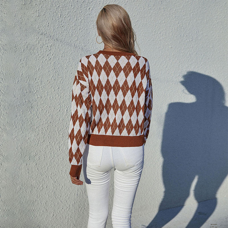 Fashion Women's Autumn Casual Long-Sleeved Diamond Check Sweater Loose Round Neck