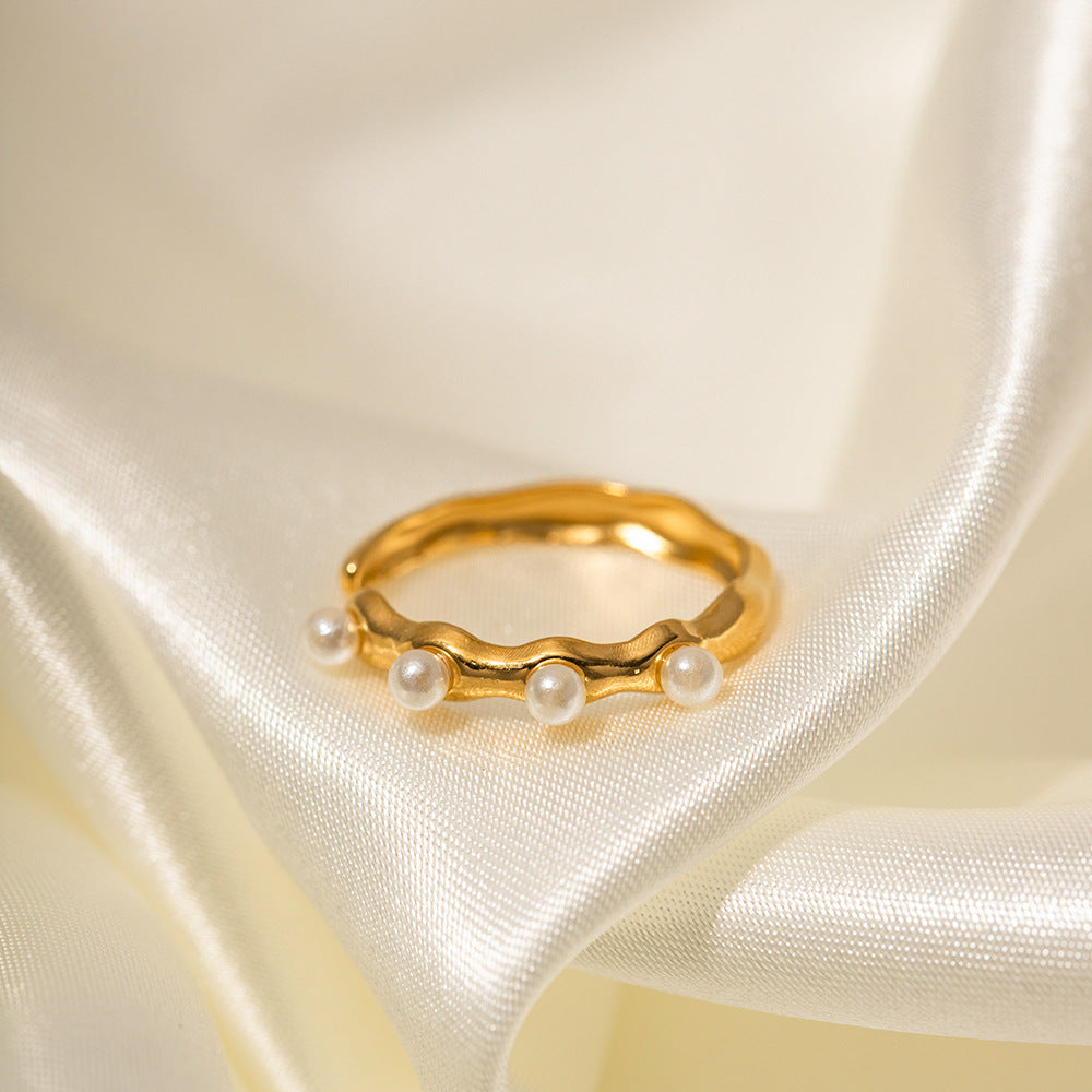 5pcs 18K Gold Stainless Steel Set With Five Pearl Open Ring Does Not Fade Ring