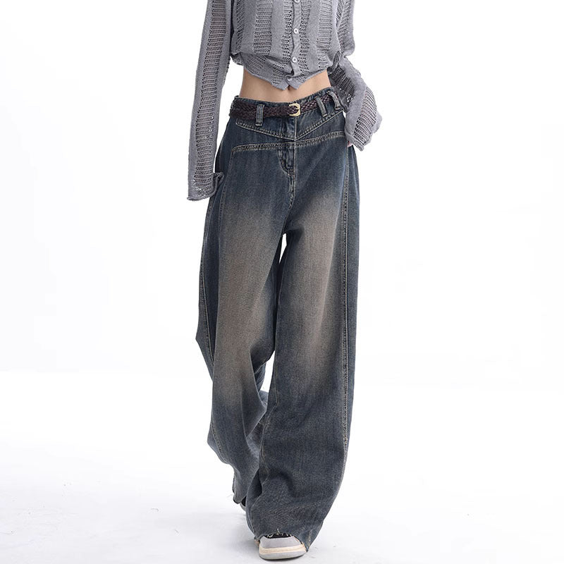 Early Fall New Wash Water Nostalgic Raw Hem Jeans Women's Vintage Wide-Leg Pants