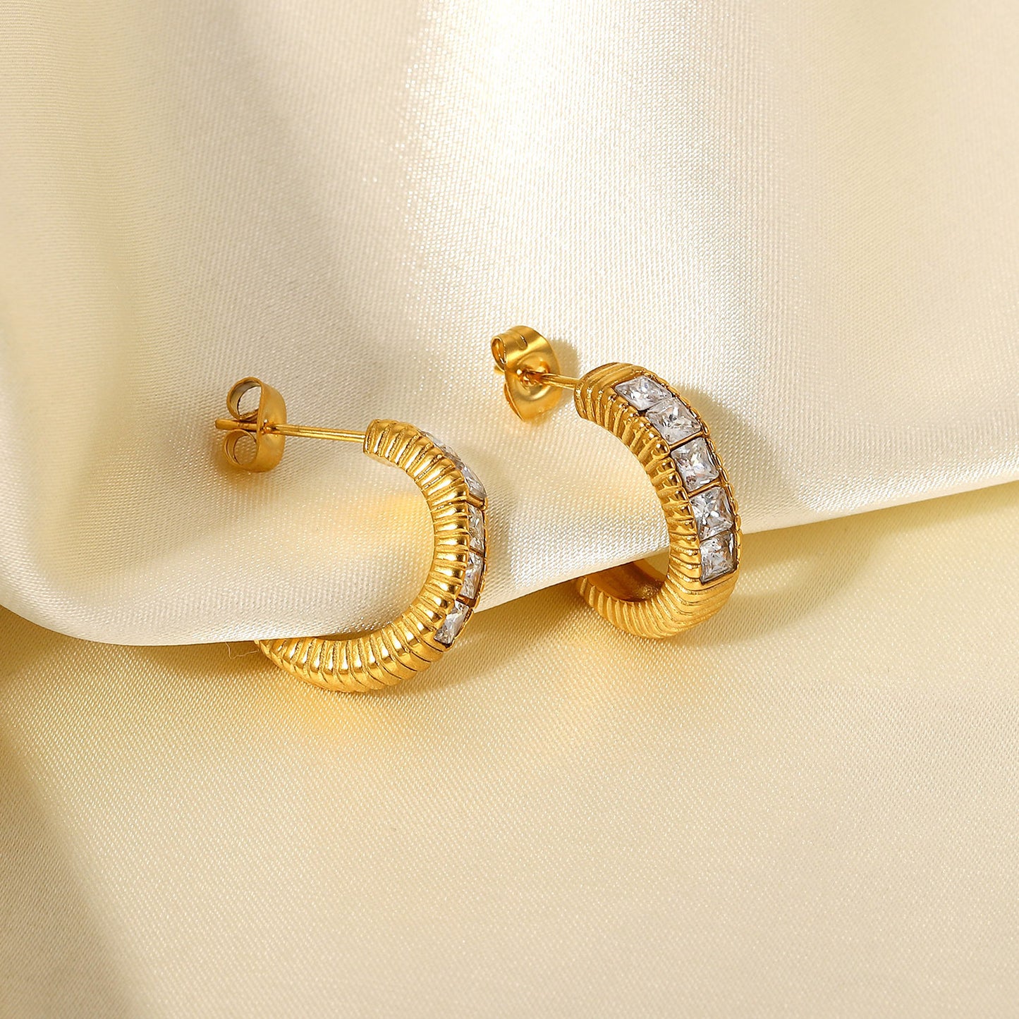 5pcs Stainless Steel Ring Earrings Jewelry 18K Gold Five Square Zirconium Thread C-Shaped Women's Earrings Jewelry