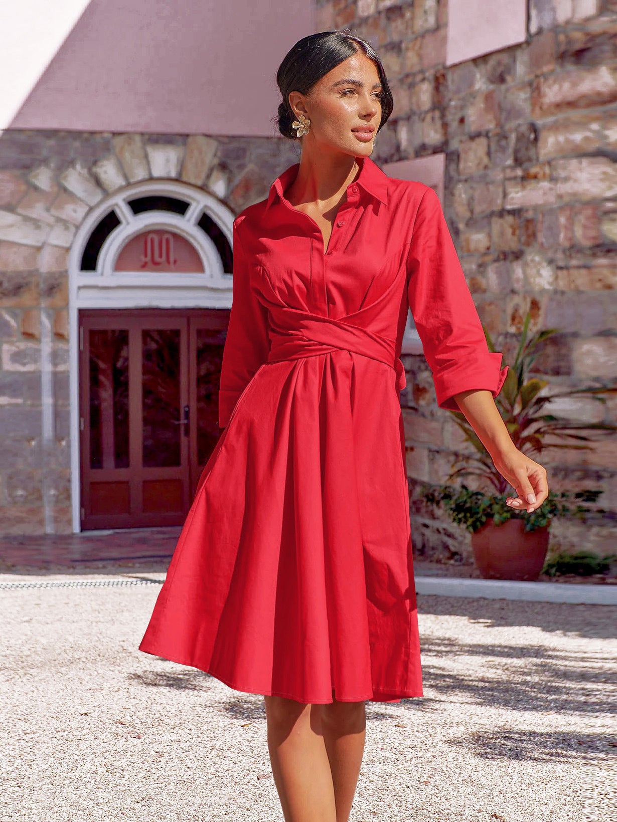 Women's Temperament Elegant Dress Autumn Lace-Up Midskirt Solid Color Shirt A-Line Skirt