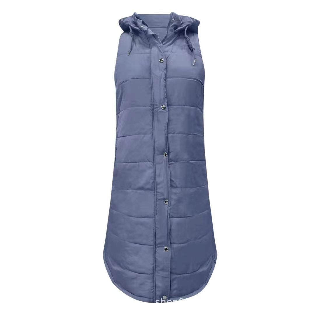 Solid Color Hooded Single Breasted Medium Long Cotton-Padded Vest Slim Temperament Cardigan Coat Top