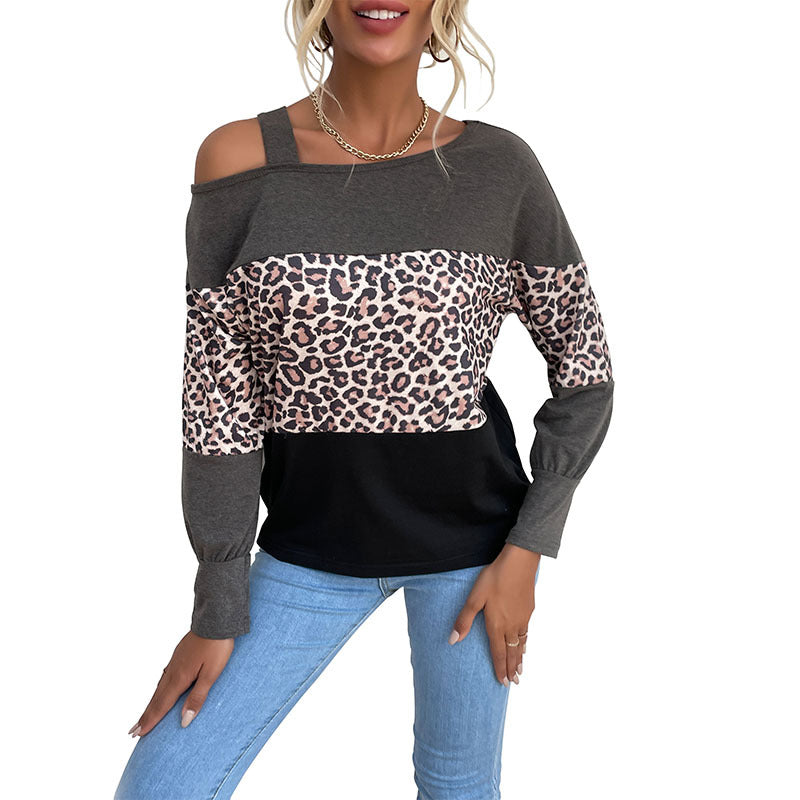 Autumn and Winter New Leopard Print Splicing Top: Line Collar, Hollowed Out Shoulders, and Casual Elegance