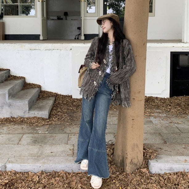 Vintage Crochet Button Furred Edge Fringe Design Feeling Lazy Loose Jacket Cardigan Coat Top