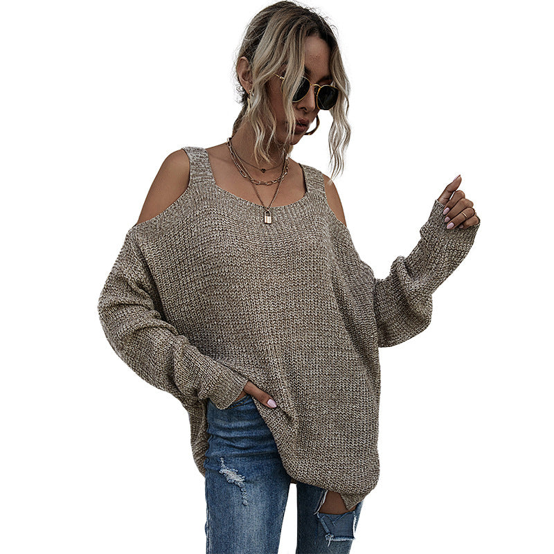 Autumn Solid Color Knitted Square Neck Off-Shoulder Bottom Sweater Women Long Sleeves In Autumn Women's