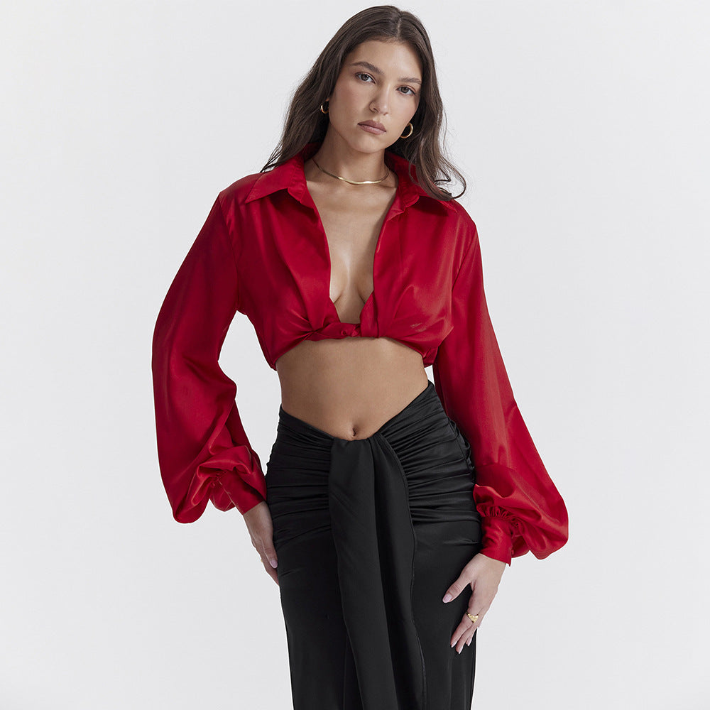 Fashion Women's Sexy Short Crop Shirt Female Lantern Long-Sleeved Loose Spice Girl Top Cardigan Female