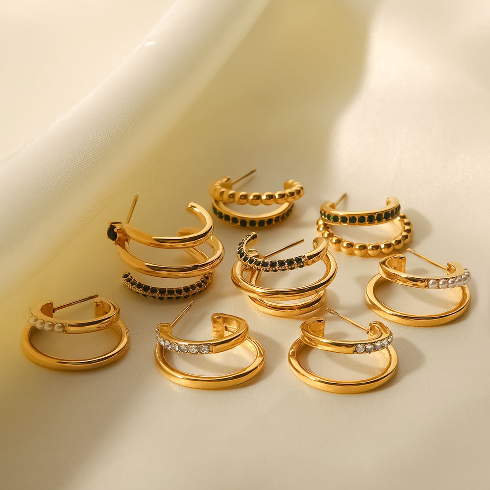 5pcs New Women's All-Match Titanium Steel Earrings Stainless Steel Plated 18-Karat Gold Set With Green/White Diamond Geometric C-Shaped Earrings