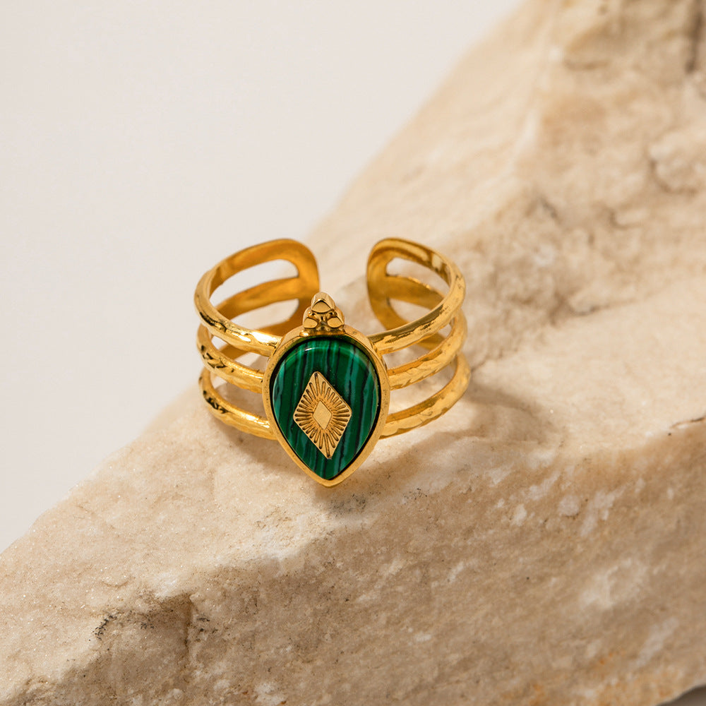 5pcs 18K Gold Plated Stainless Steel Design Natural Malachite Ring Women Do Not Fade Jewelry