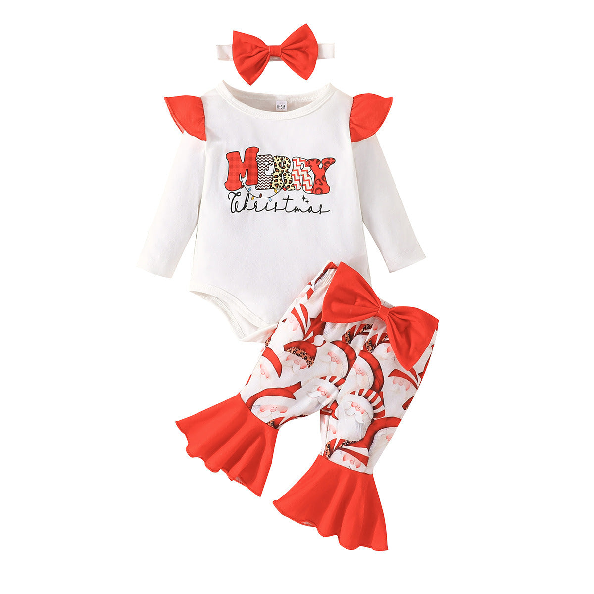 Christmas New Fashion Children's Headscarf + Lace Printed Top + Leopard Lace Pants Three-Piece Set
