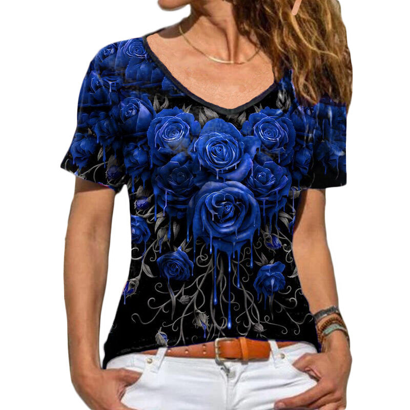 Summer New Women's New Short Sleeve Rose Print T-Shirt Woman