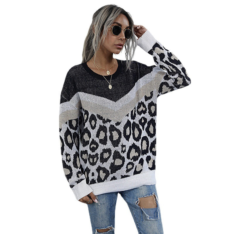 Autumn Leopard-Print Color Matching Long-Sleeved Loose Mid-Length Crew-Neck Sweater Woman