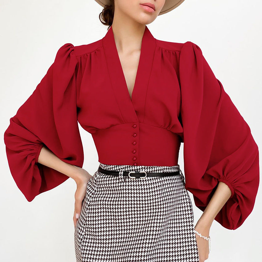 Autumn New V-Neck Women's Shirt Court Style Lantern Sleeve Slim Long-Sleeved Shirt