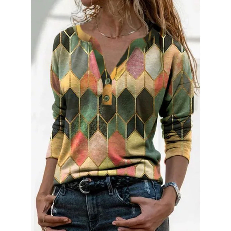 Women's Autumn And Winter New Color Contrast Printed V-Neck Long Sleeve T-Shirt Base For Women A Hair