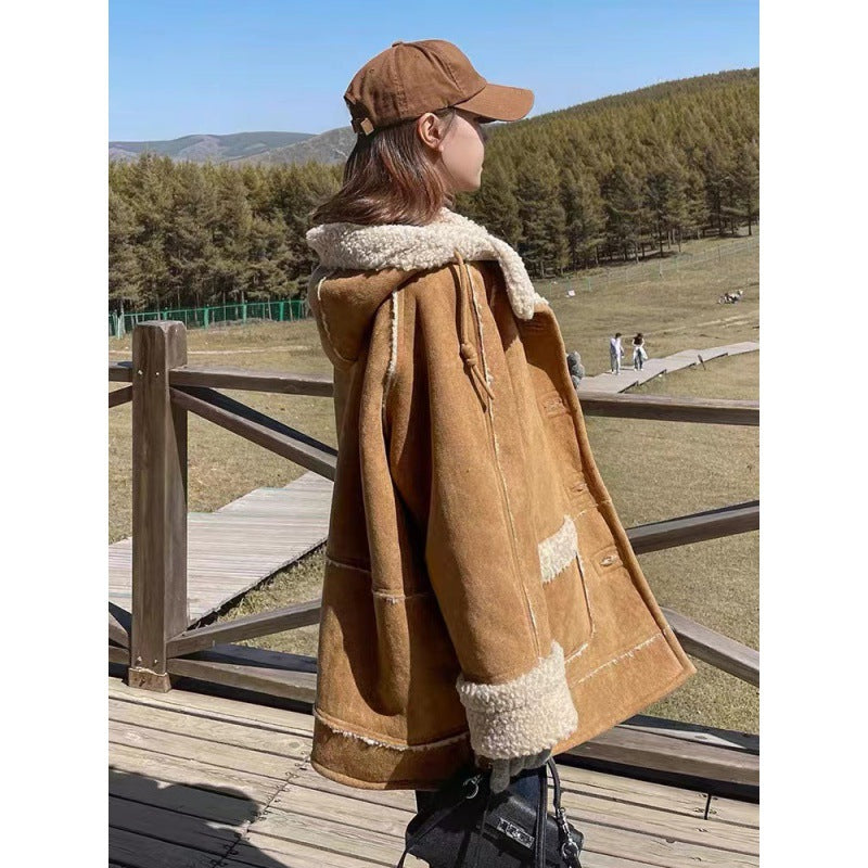 Deerskin Cashmere Lamb Coat Women's New Winter Cashmere And Thick Fur One Hooded Motorcycle Cotton Coat