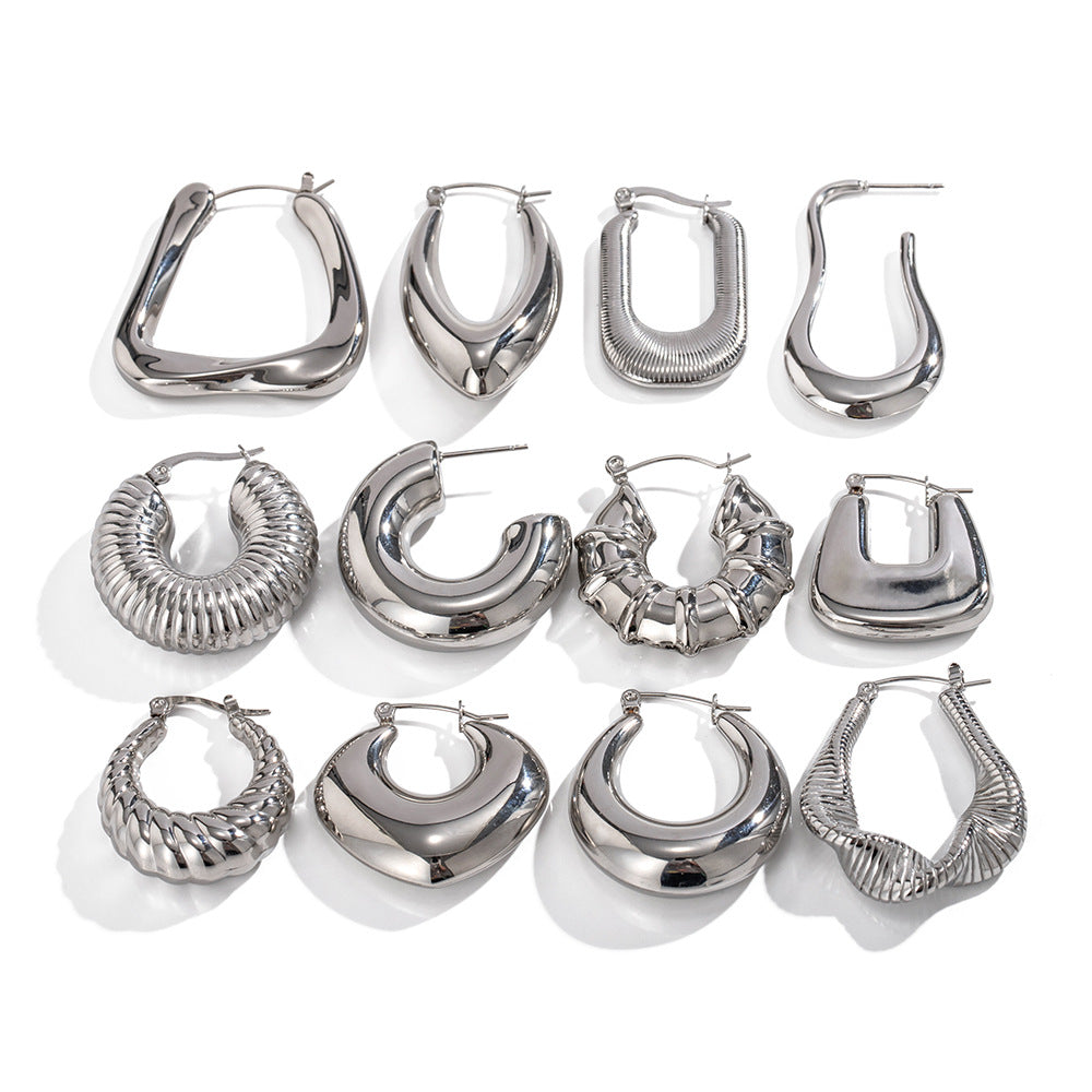 5pcs Steel Color Stainless Steel Smooth Hollow Earrings Blogger With Fashion All Round Hoop Earrings Girl