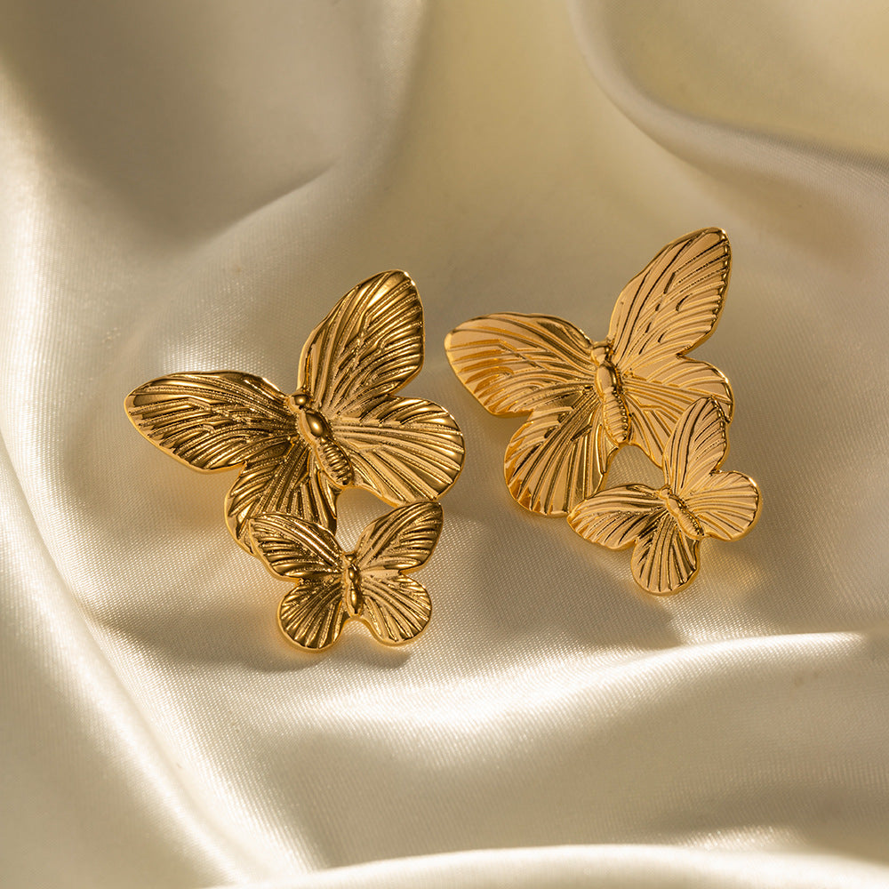 5pcs Court Style Matte Vintage Gold Stainless Steel Butterfly Metal Studs Earrings