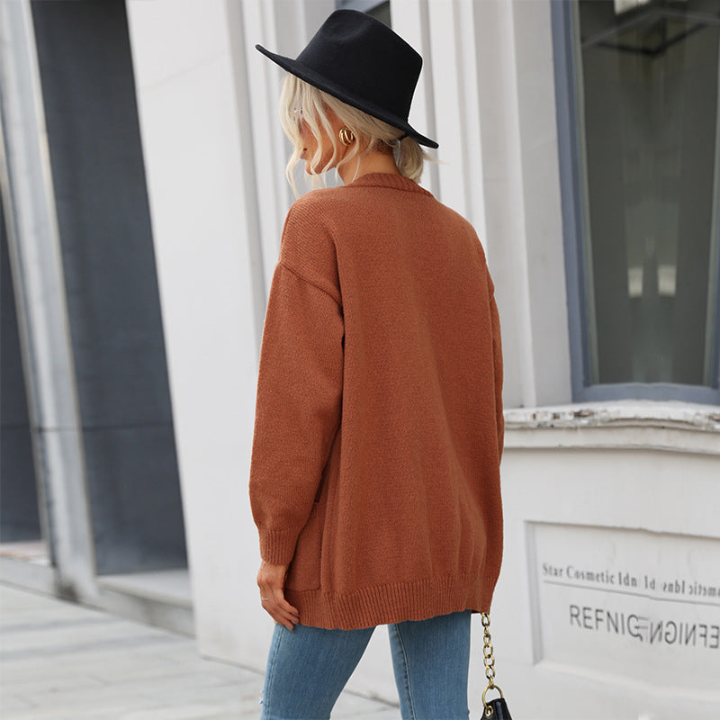 Autumn And Winter New Women's Long-Sleeved Solid Color Sweater Cardigan Coat