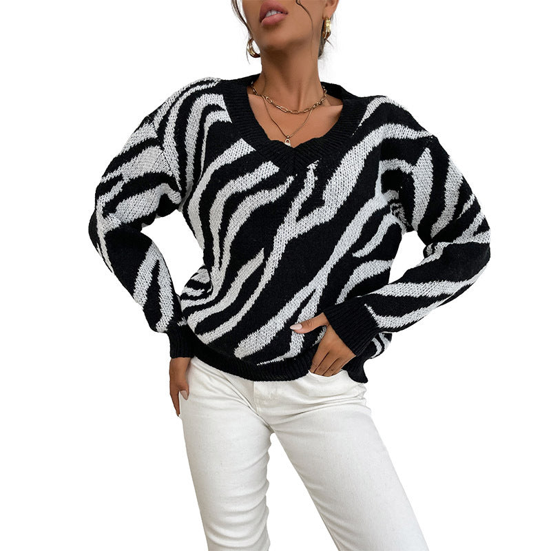 Autumn Clothing Bottom Pullover V-Neck Black Zebra Print Sweater