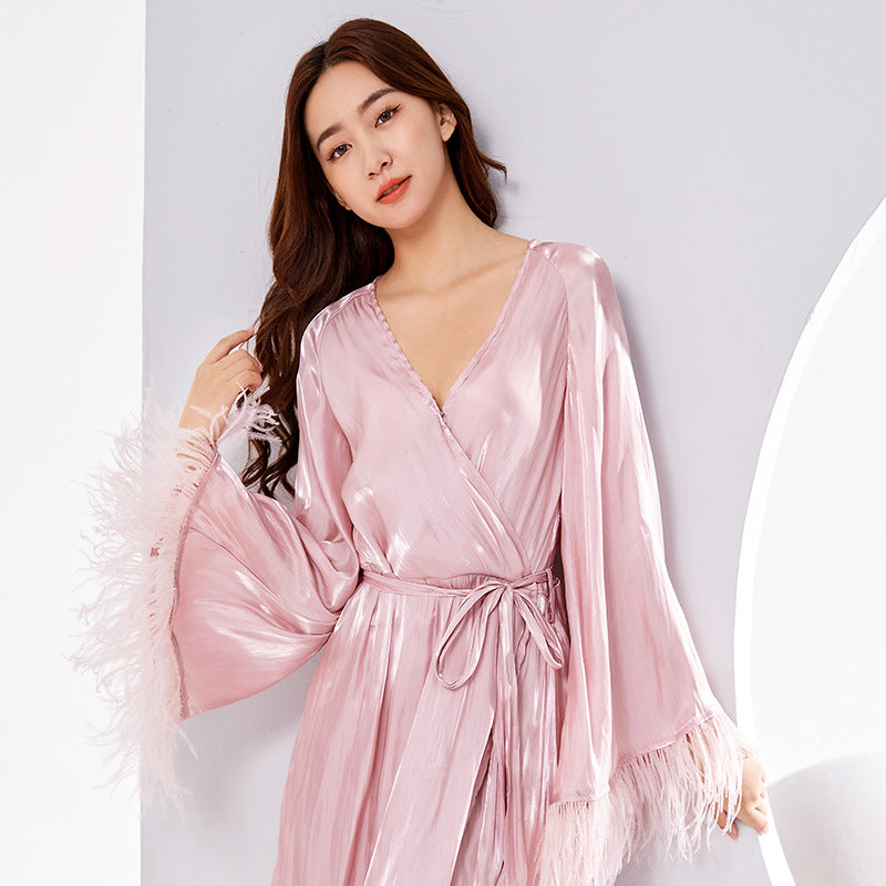 Dress Female Summer Streamer Design Pink Ostrich Feather Holiday Style With Waist Strap Slim-Fit Nightdress Gown