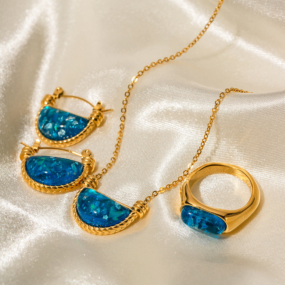 5pcs Stylish Retro Style Natural Blue Resin Fan Basket Pendant Necklace Women's Stainless Steel Jewelry