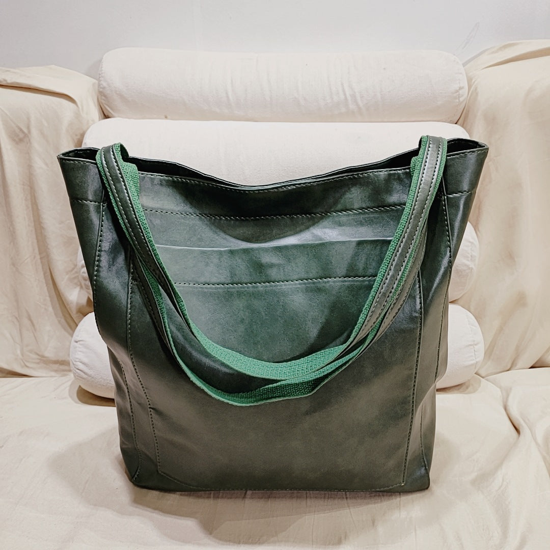 Women's Soft Leather Hand Bill With Pocket Shoulder Vintage Oil Wax Leather Large Capacity New Tote Bag For