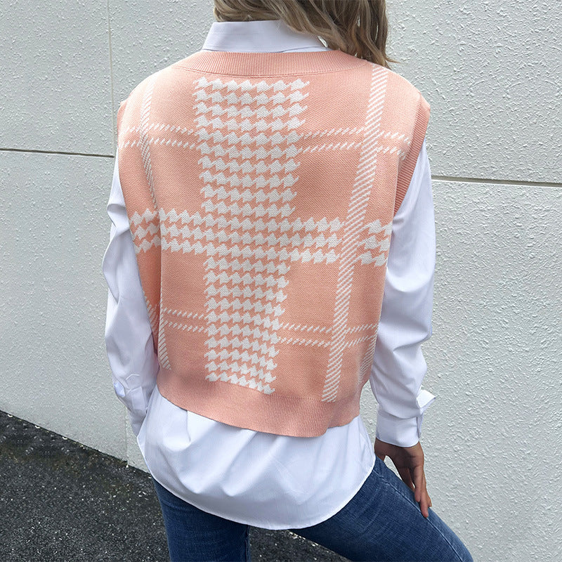 New Early Autumn Fashion Women's Sleeveless Jacquard Thousand Bird Sweater Vest Woman