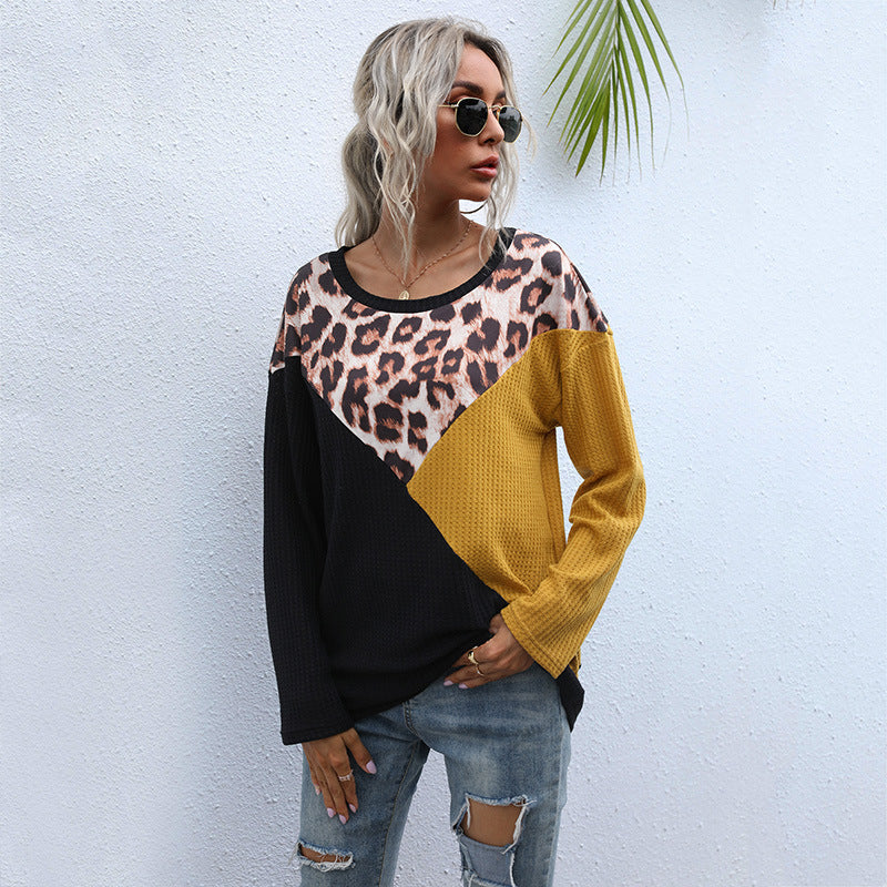 Top Women's Leopard Print Splicing Round Neck Loose Long Sleeve Long Knit Shirt