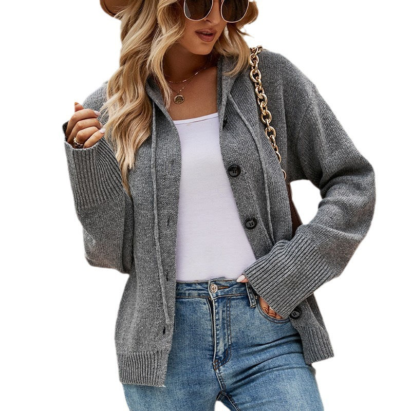 Autumn and Winter Women's Hooded Knitted Cardigan with Drawstring – Stylish Long-Sleeved Sweater