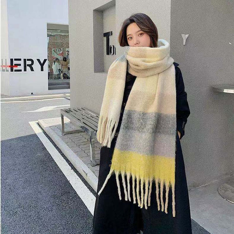 Girdle Female Autumn And Winter New Imitation Cashmere Scarf Female Rainbow Plaid Fringe Version Style Cape Knitted Outside