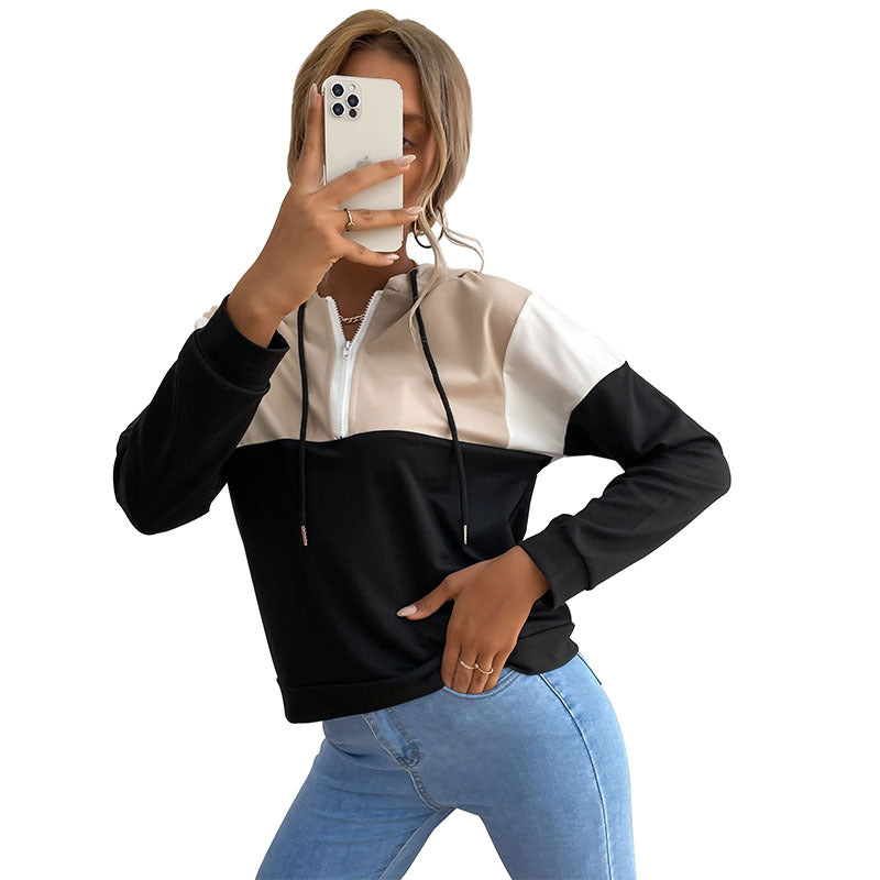 Autumn New Women's Hooded Pullover Splicing Color Hoodie Hoodie