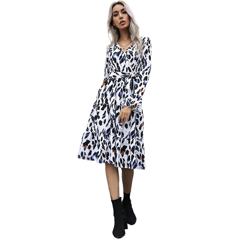 Fashion Women's Temperament Print Leopard Print Long-Sleeved Dress Autumn And Winter