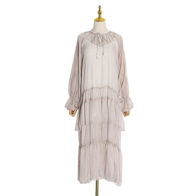 New Wooden Ear Edge Splicing Holiday Beach Long Skirt V-Neck Long Sleeve Dress Women With Suspenders